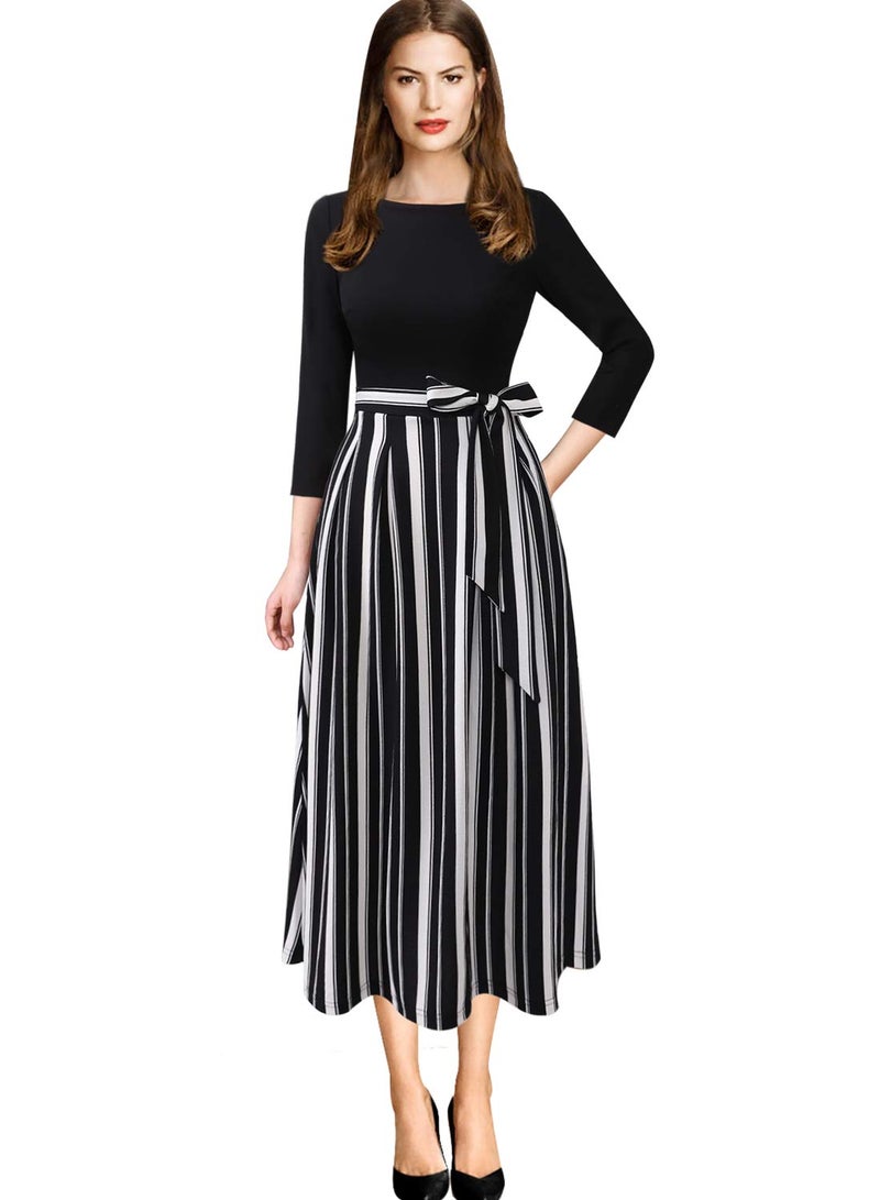 VFSHOW Womens Black and White Striped Print Spring Fall Elegant Patchwork Pockets Belted Work Business Office Casual Party Pleated A-Line Midi Dress 3733 STP BLK XL - Image 2